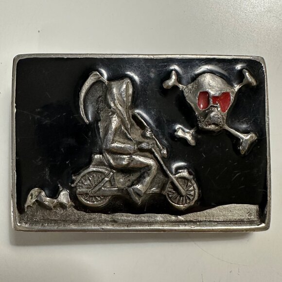 VTG 1978 Instyle #1227 Grimm Reaper Skull Cycle silver tone 3.25 x 2.25” buckle - Picture 1 of 5